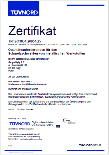 Grupa KĘTY S.A. – Certificate EN ISO 3834-2