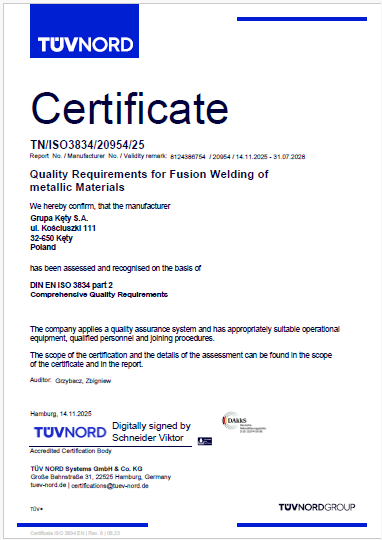 Grupa KĘTY S.A. – Certificate EN ISO 3834-2
