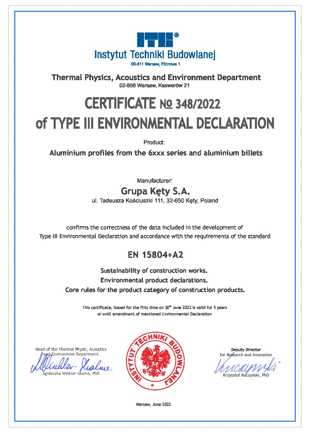 Environmental Product Declaration Type III ITB No. 348/2022