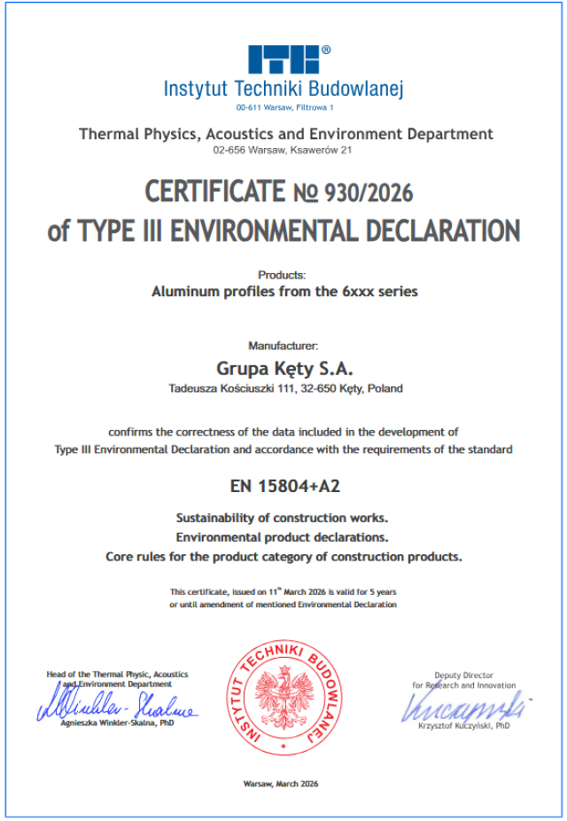Środowiskowa Deklaracja Produktu (EPD) Typu III ITB Nr 930/2026