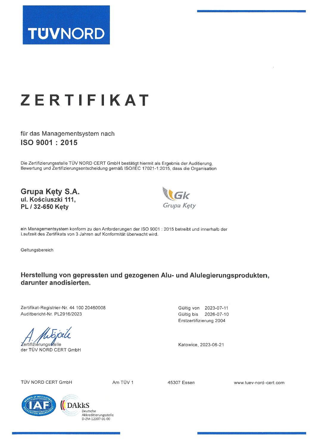 Grupa Kety S.A. – Certificate ISO 9001